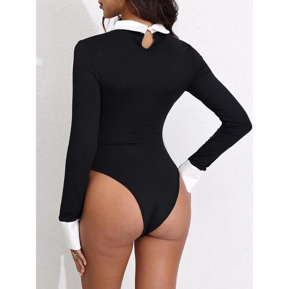 Women Colorblock Rib Knit Long Sleeve Bodysuit Slim Fit for Casual or Work - Picture 2 of 6